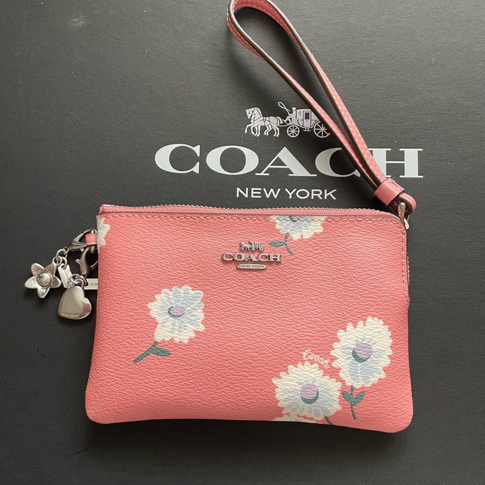 Coach Pink Floral Wristlet including 2 silver charms